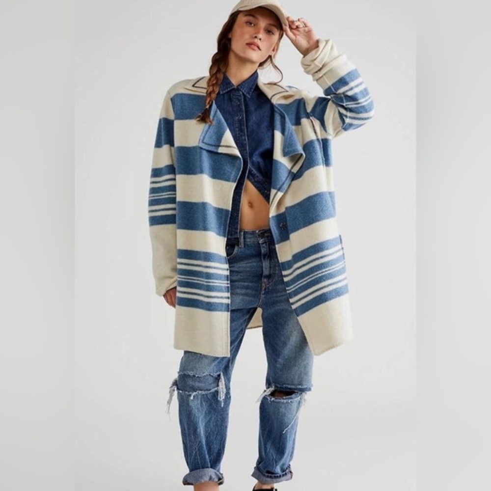 Free People We The Free blue cream striped wool cardigan jacket topper size XS S